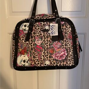 Ed Hardy Black and Pink Skull Floral Shoulder Bag